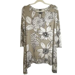 Clara Sun Woo Floral Print Tan Black White Tunic Top Career Church‎ Office XL